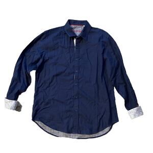 Robert Graham Men L Navy Blue Floral Flip Cuff Reverse Plaid Button Up Shirt